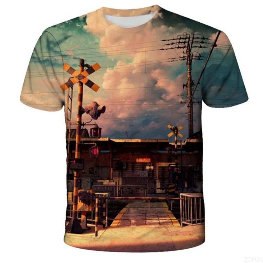 Train Pattern 3D Digital Printing Men's Casual and Comfortable Round Neck Short Sleeved T-shirt