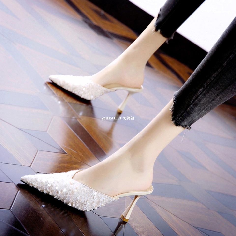 

High-heeled bag head slippers women s 2025 summer foreign trade new sequined thin heel half slippers pointed cold slippers outer wear 39