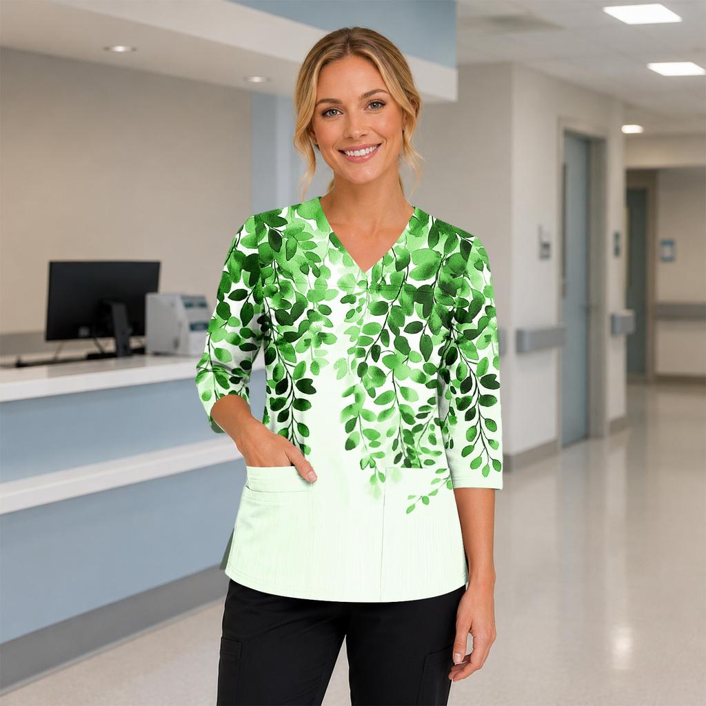 Women's Floral Print V-Neck Scrub Top with Pockets, 3/4 Sleeves and Side Slits for Uniform