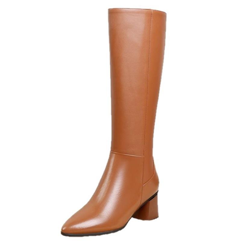 Soft Leather Shoes, High Boots, Mid-heeled, Pointed, Thick-heeled Mid-heeled Boots, Women's Shoes