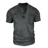 Men Black Washed Henley Neck Short Sleeve Chest Pocket Casual T Shirt
