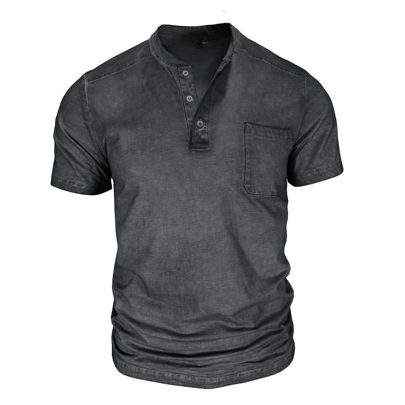 Men Black Washed Henley Neck Short Sleeve Chest Pocket Casual T Shirt
