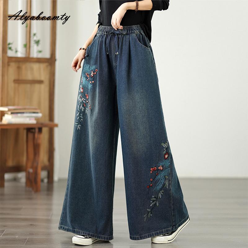 Etnický styl Plus Size Dámské Základní Džíny s širokými nohavicemi Vysoký pas Stahování šňůrkou Jemná výšivka Květinové Volné džínové kalhoty Vintage Elegantní Dámské džíny