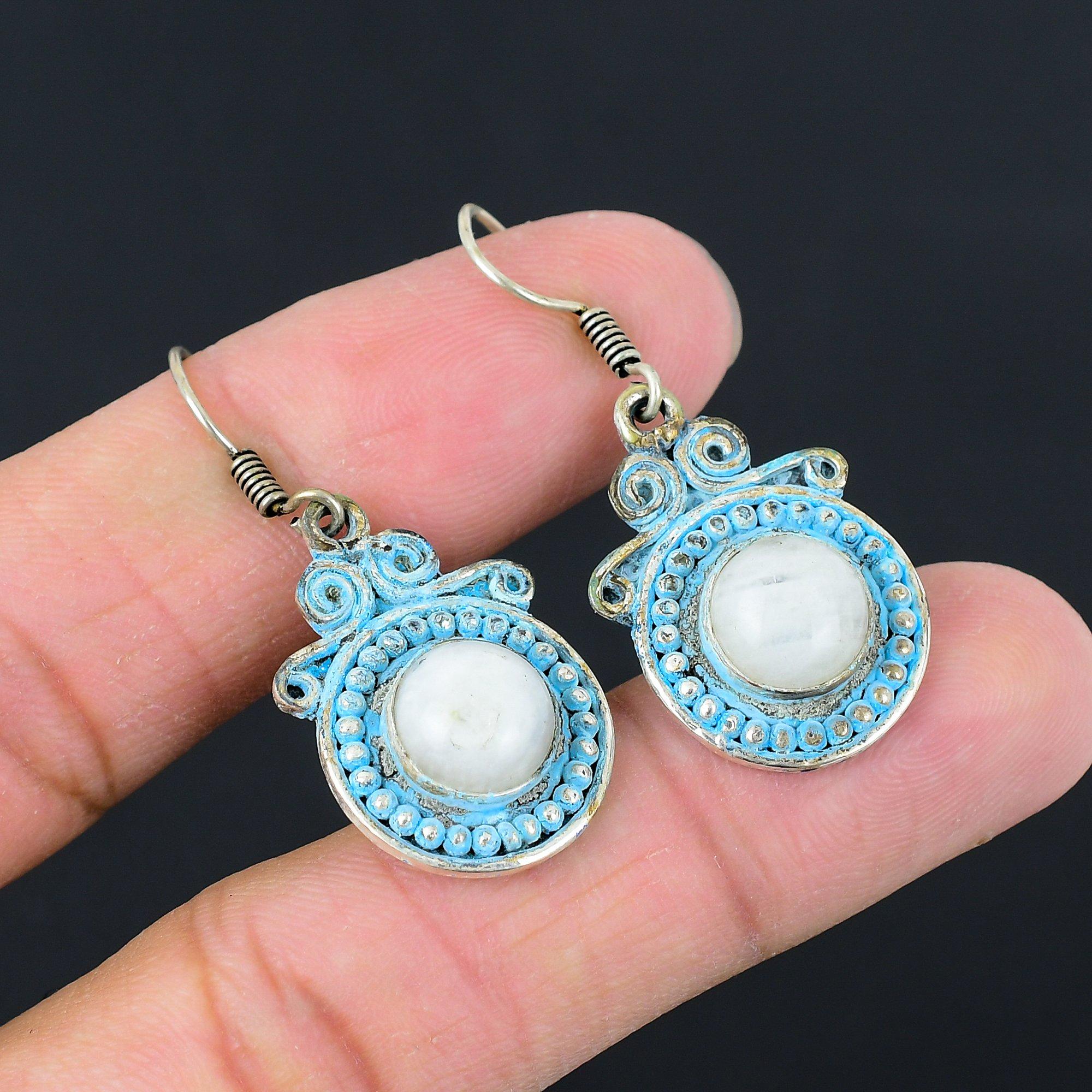 

Birthday Gift For Her Natural Rainbow Moonstone Drop/Dangle Earrings 925 Silver