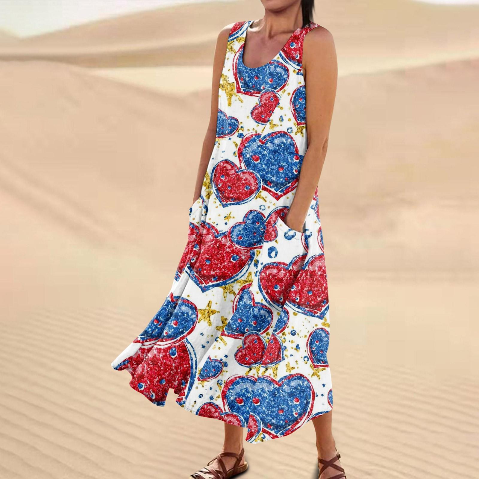 

Женское повседневное удобное хлопковое платье с карманами без рукавов и принтом ко Дню независимости L синий