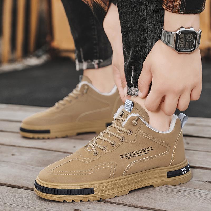 Winter Men's Boots with Plush Insulation Mid Top Fashion Leather Boots British Casual Outdoor Workwear Shoes Outdoor Work Shoes