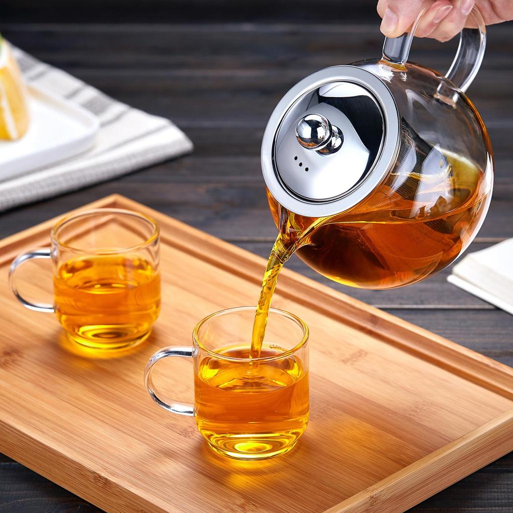 Pokaro Tea Teapot, Heat-Resistant Glass, Perfectly Round, 960ml, with Stainless Steel Strainer, Suitable for Fine-Leaf Tea, Shatter-Resistant,
