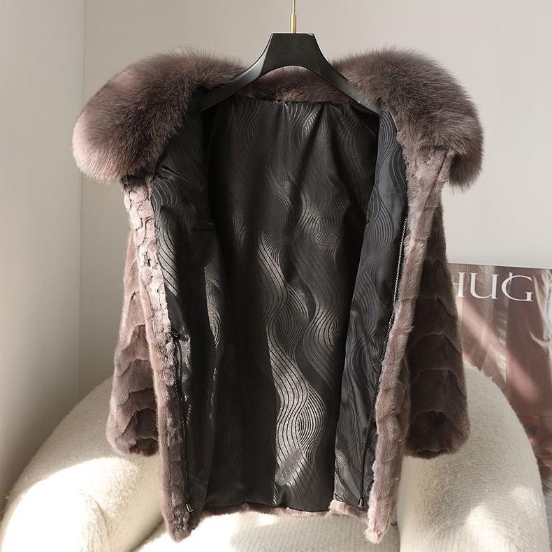 Winter Women's Mink Coat Fluffy Luxury Mid-Length Fur Coat with Fox Fur Collar
