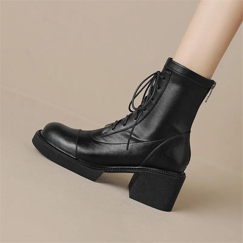 Fashion 2025 Autumn Winter Split Leather Women Boots Round Toe Lace Up Short Boots for Women Chunky Heels Boots Zapatos Mujer High Heels