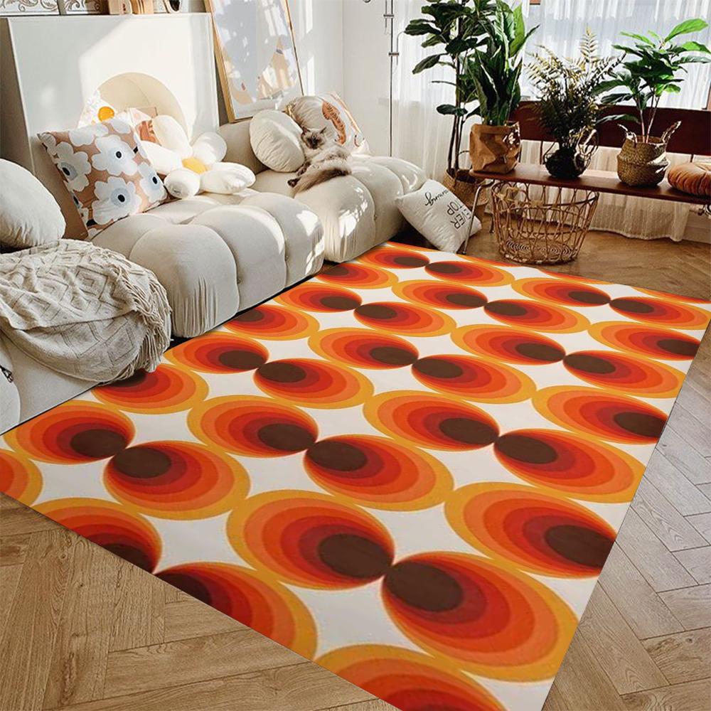 Vintage runder geometrischer Teppich in Orange Braun Weiß Weich Flauschig Große Größe Wohnzimmer Dekorteppich