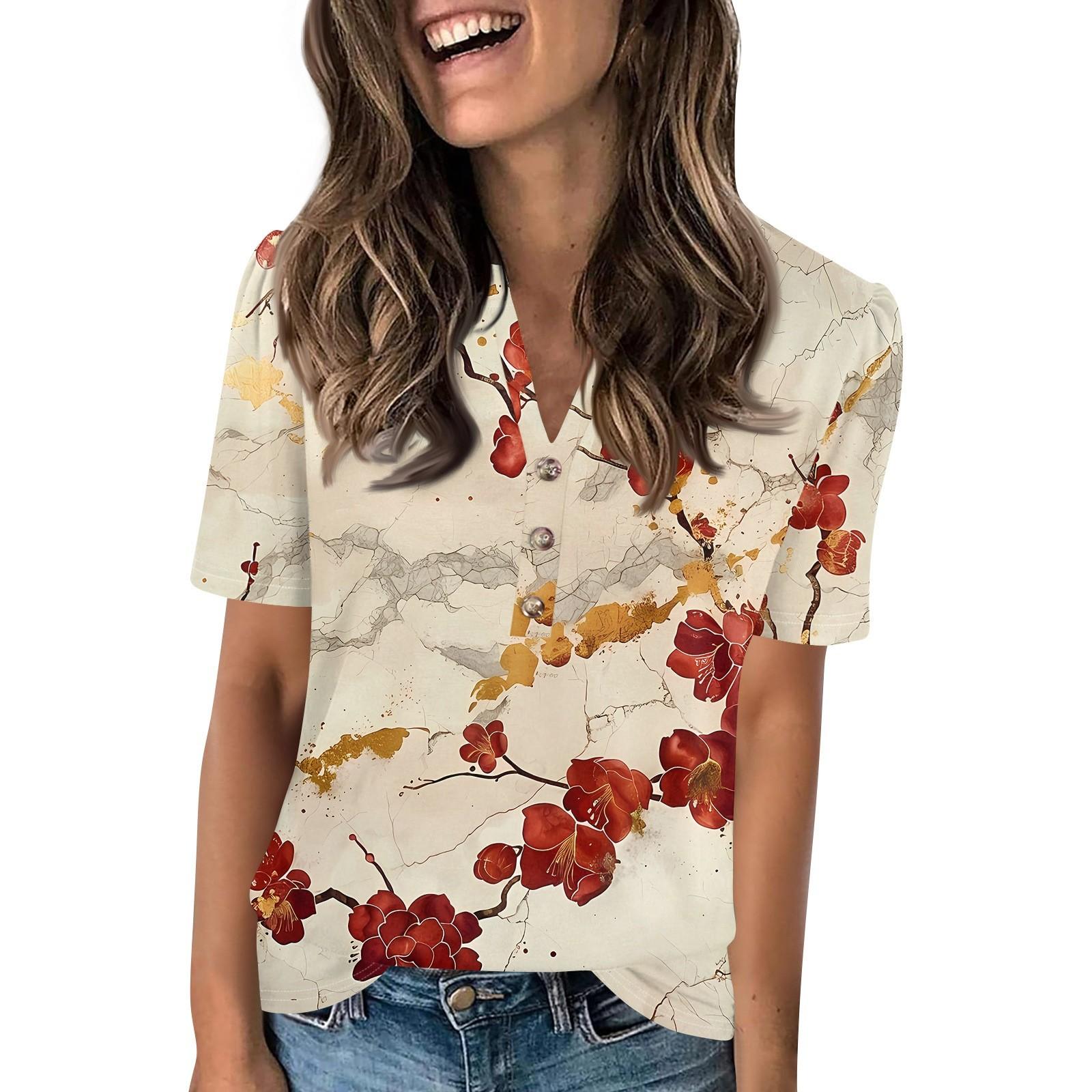 

Женский модный повседневный свитер с коротким рукавом и принтом на пуговицах и V-образным вырезом L винный