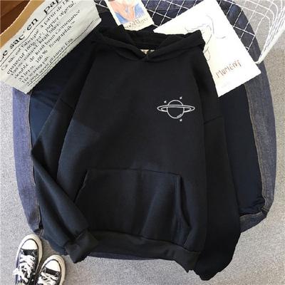 New Sweater Women's Autumn and Winter Korean Version Loose Lazy Wind Planet Printing Versatile Hooded Top Velvet Student Sweater