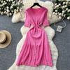 Xiaoxiangfeng foreign style fashionable round neck short-sleeved metal buckle waist knitted dress women's summer thin sweater long dress