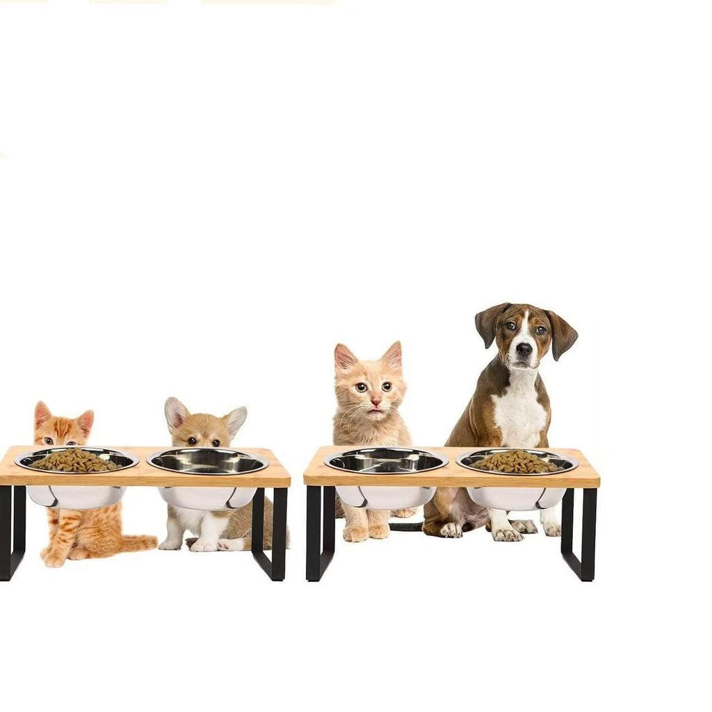 Bamboo & Stainless Steel Cat and Small Dog Bowl Feeder
