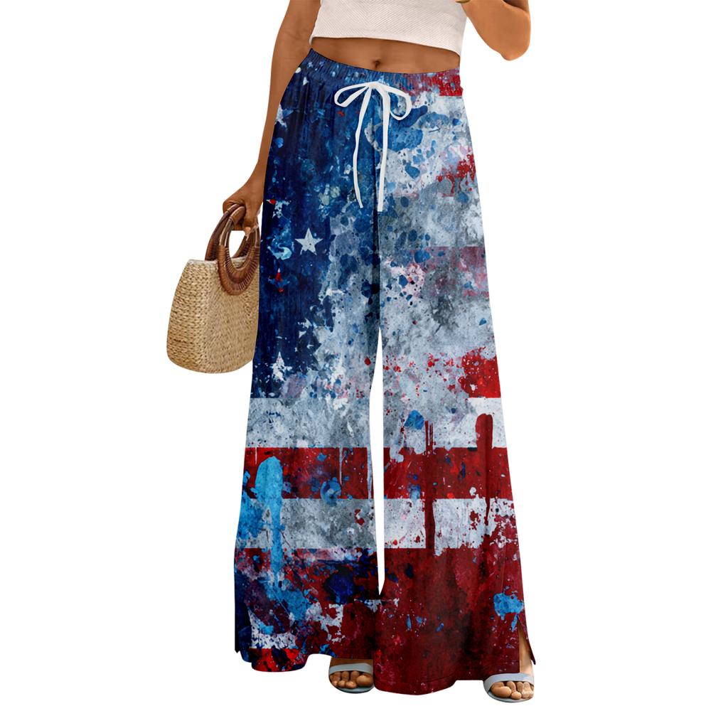 Women Summer Boho Palazzo Pants High Waist Wide Leg Floral Printing Casual Trousers With Pockets