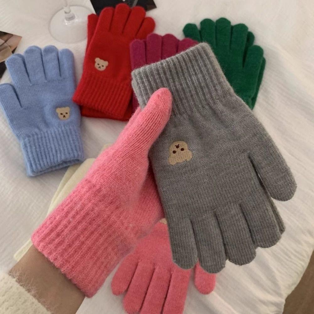 Solid Color Touch Screen Gloves Bear Cycling Gloves Cute Winter Knitted Gloves  Women