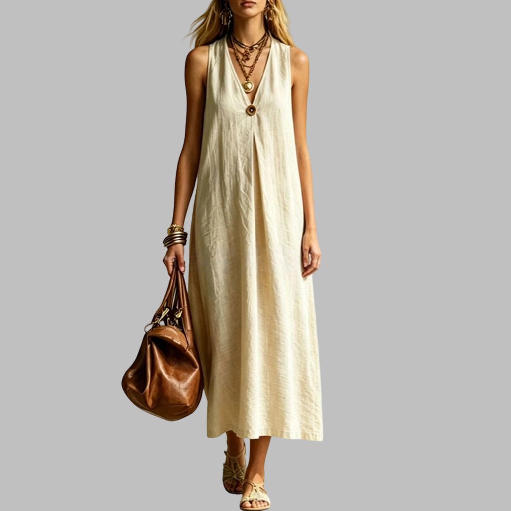 Rochie Maxi Fără Mâneci cu Decolteu în V din In pentru Femei, de Vară, Casual, Croială Largă, Rochie Lungă cu Detaliu Buton, Material Ușor și Respirabil