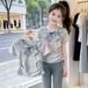 Girls Plaid Short Sleeve T Shirt With Peter Pan Collar And Bow Tie Fashionable Casual Top For Big Kids