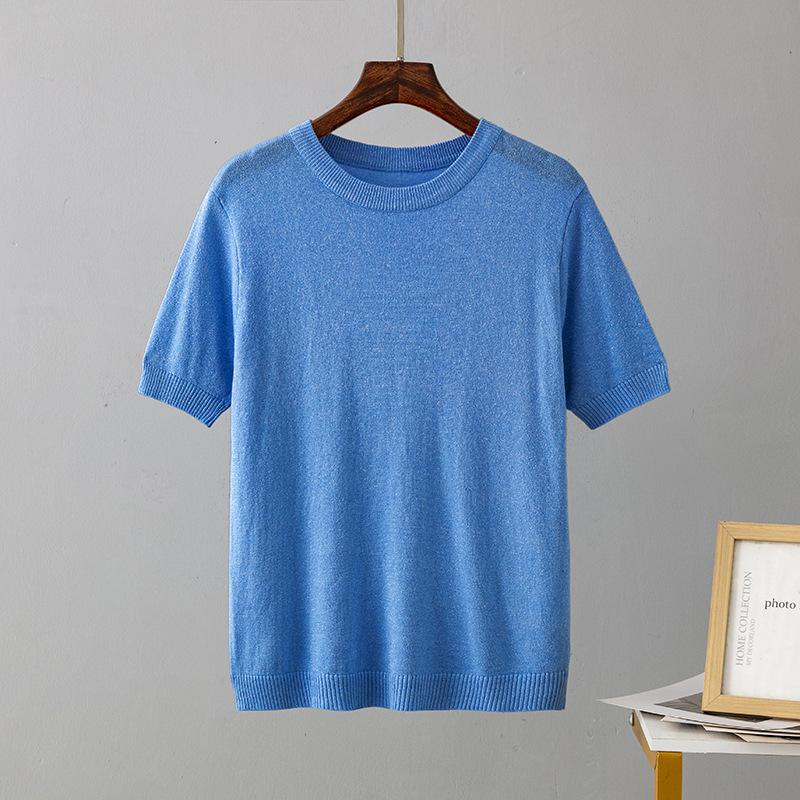 Pletená trička Jednobarevná Kulatý výstřih Krátký rukáv pro ženy Volné pulovrové topy Retro styl Stylové dámské Lesklé ledové hedvábí Šifonové halenky Košile