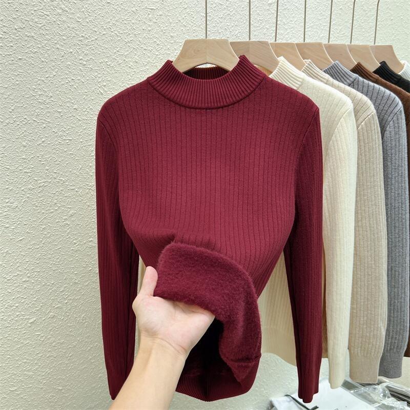 

Осень и зима женские толстые вязаные теплые плюшевые бархатные свитера с полувысоким воротом флисовый свитер для женщин модные повседневные облегающие джемперы 25199 XXL бордовый