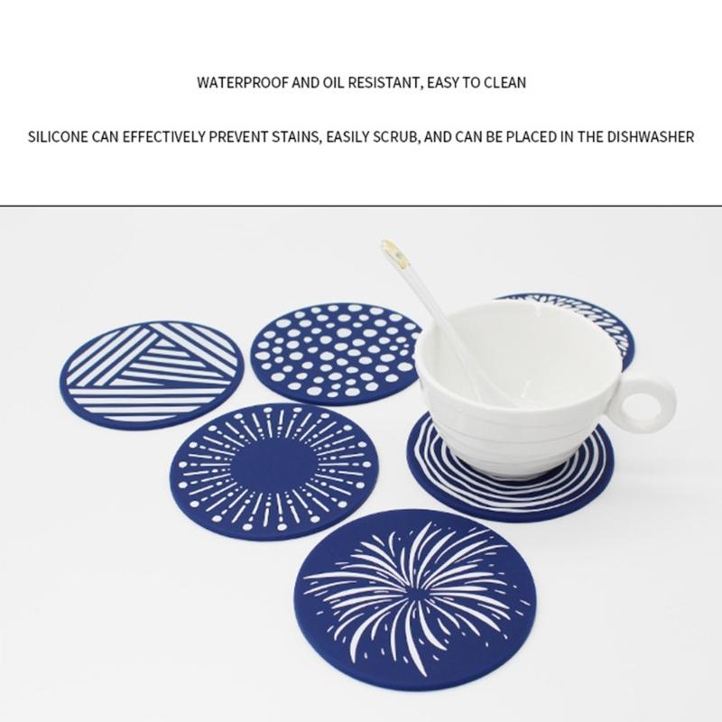 9.6cm Silicone Coasters Set for Various Cups and Mugs Nonslip Printed Pattern Cup Mat Heat Resistant Table Protectors
