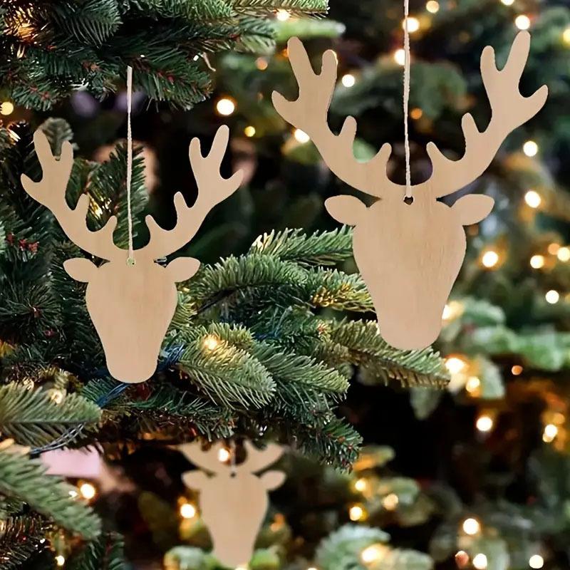 50PCS Christmas Reindeer Ornaments DIY Hanging Pendants Unfinished Blank Wooden Reindeer Head Shape Cutouts for Crafting