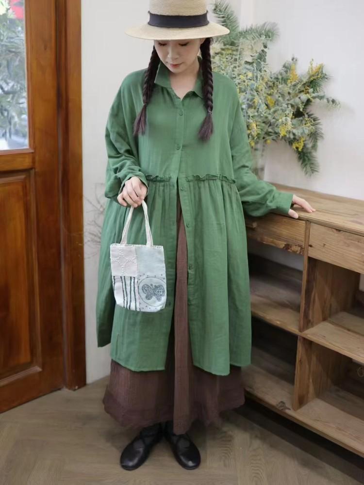 

Johnature Винтажная длинная рубашка женская весенняя заклинание грибок край свободный отложной воротник женские топы One Size зелёный