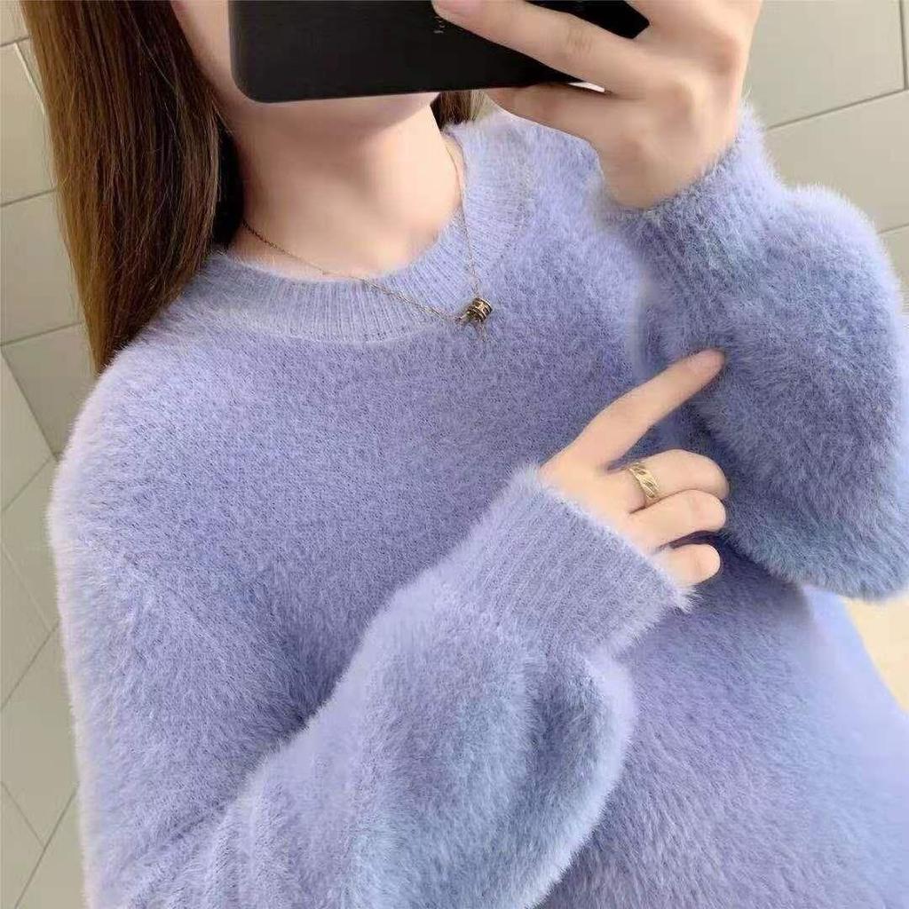 Inverno Imitare Visone Lana Infeltrimento Femminile O-Collo Manica Lunga A Soffio Elastico Casual Maglione Delle Donne Ha Lavorato A Maglia Magliette E Camicette Pullover Solido