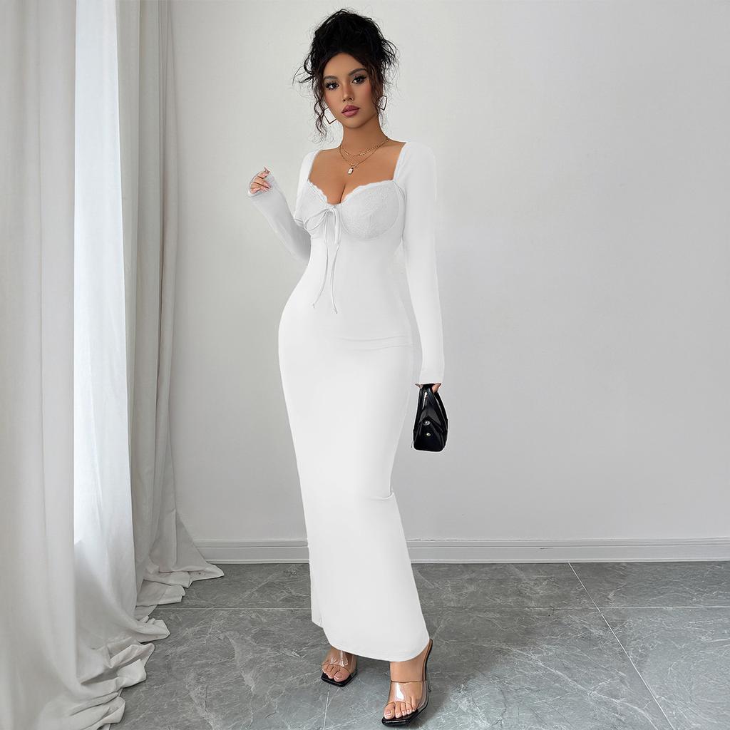 European American Elegant Solid Color Lace Hip Skirt Dress Women's Autumn Winter