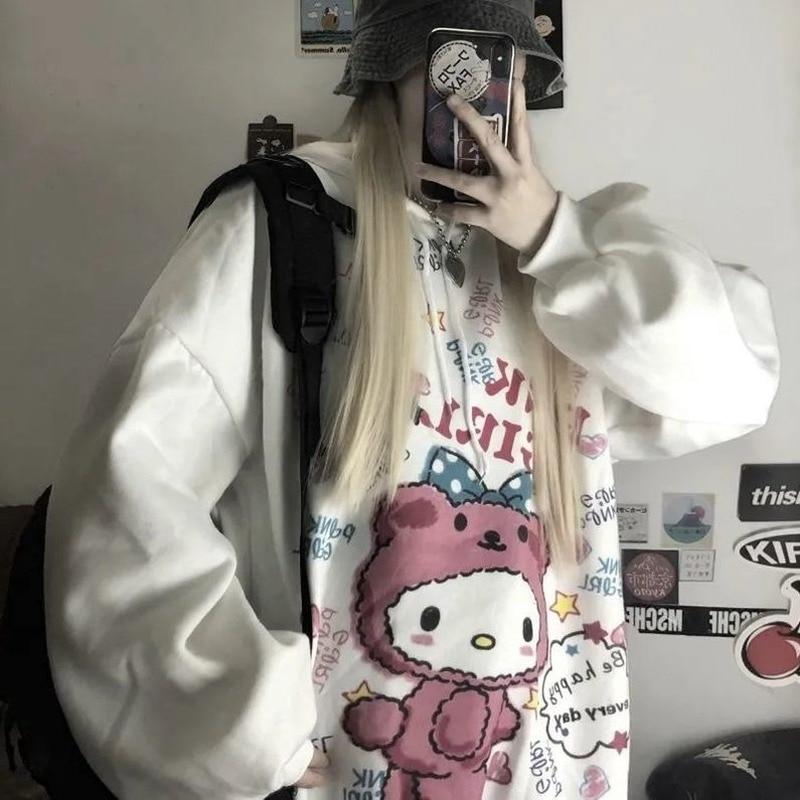 Felpa con cappuccio Kawaii Harajuku per donna Felpa coreana Felpa con stampa Anime Vintage Rosa Felpa con cappuccio oversize Vestiti carini Top per ragazze
