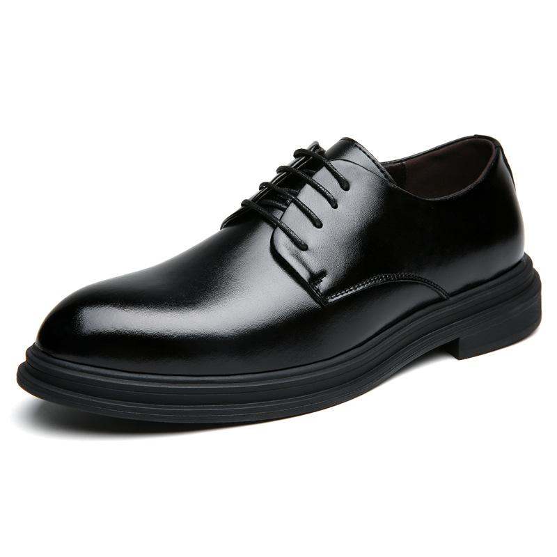 

57 Men S Shoes Leather Shoes Dress Casual Shoes Spring Low-Top Lace-Up Pure Black Cowhide Derby Shoes Single Shoes 38