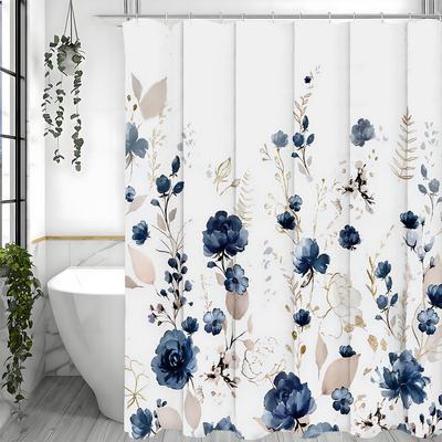 Cortina de Ducha Floral Azul, Cortina de Ducha Decorativa para Baño, Cortina de Ducha Impermeable con Ganchos