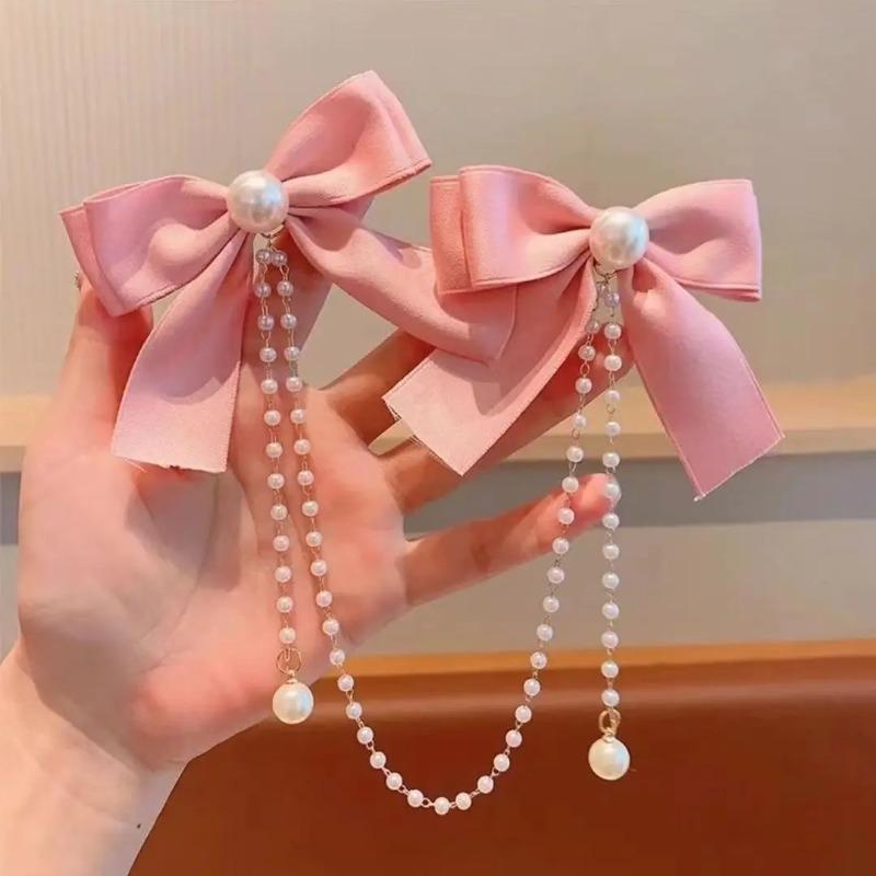 Bows Duckbill Clip Bobby Pins Princess Head Fringe Pearl BB Clip Hair Accessories Pearl Chain Double Edged Clip Bow HairClip