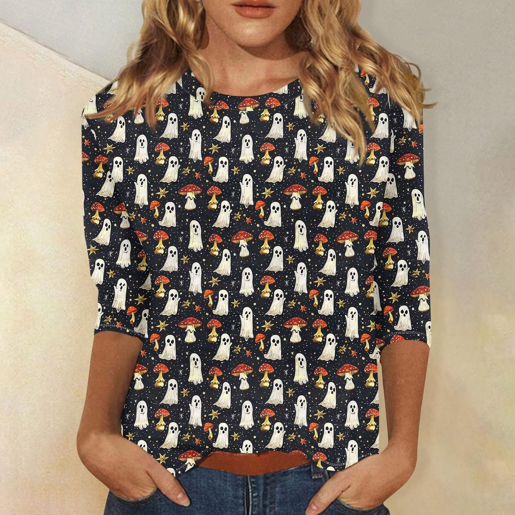 Women's Fashion Casual Round Neck 3/4 Sleeve Loose  Printed T-Shirt Ladies Top