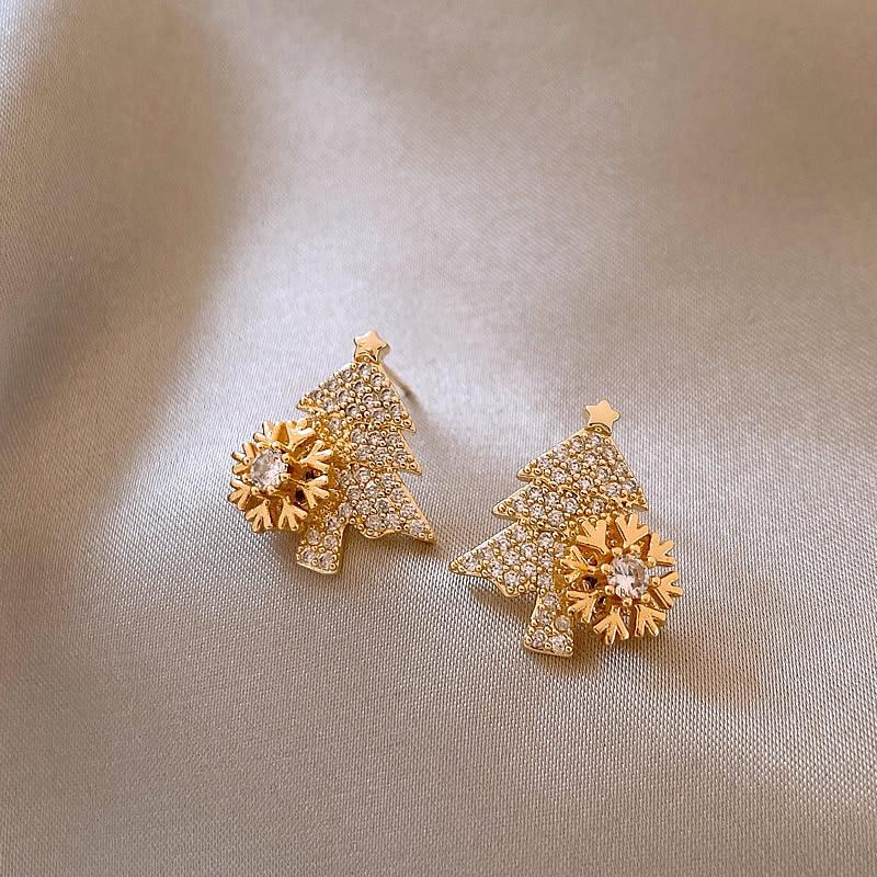 Christmas Design Rotating Snowflakes With Zircon Inlay Christmas Tree Gold Earrings Trendy Jewelry For Womens Accessories