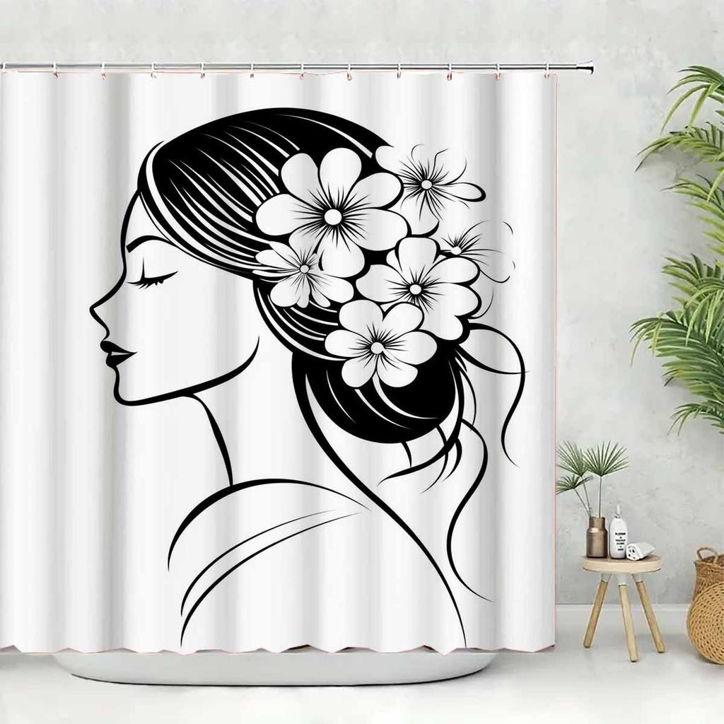 1pc Art Line Cherry Blossom Portrait Series Shower Curtain - with 12 Hooks, Machine Washable, Suitable for Bathroom Decor