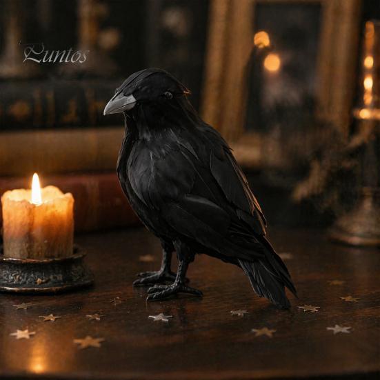 Scary Outdoor Yard Decor Realistic Black Crow Halloween Decor, Lifelike Feathered Raven Figurine Prop Creepy Home Items for Haunted House, Artificial