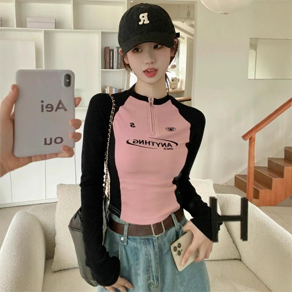 

American Style Letter Zipper Long Sleeve Women s Slimming Contrast Collar T-shirt XL [Recommended 105-120 lbs]