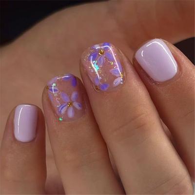 24 stk Korte Firkantede Kunstige Negler med Blomsterdesign Glansfulle Full Cover Akrylnegler Vinter Kunstige Negler Manicure