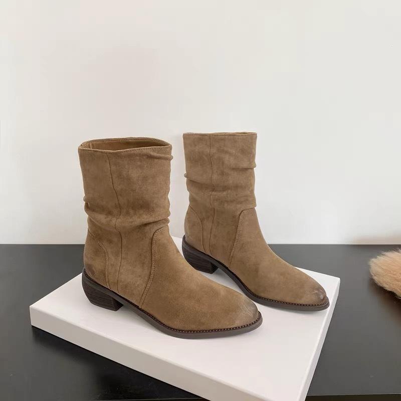 High Heel Pointed Suede Khaki Skinny Short Boots Women's Shoes New Pile Boots Spring and Autumn Single Boots