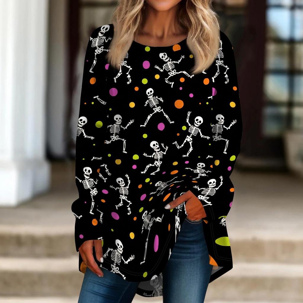 Women's Halloween Graphic Print Long Sleeve T-Shirt Loose Fit Round Neck Pullover