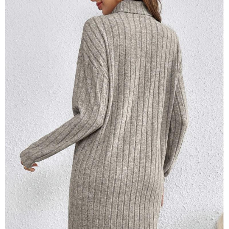 Fashion Elegant Fall Winter High Neck Drop Shoulder Ribbed Dress