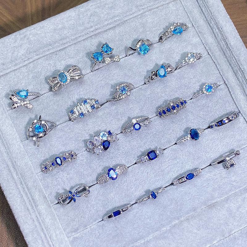 Caibao Personalized Sea Blue Micro-Inlaid Zir*****Pen Ring Female Geometric Niche Light Luxury High-End Ring Female