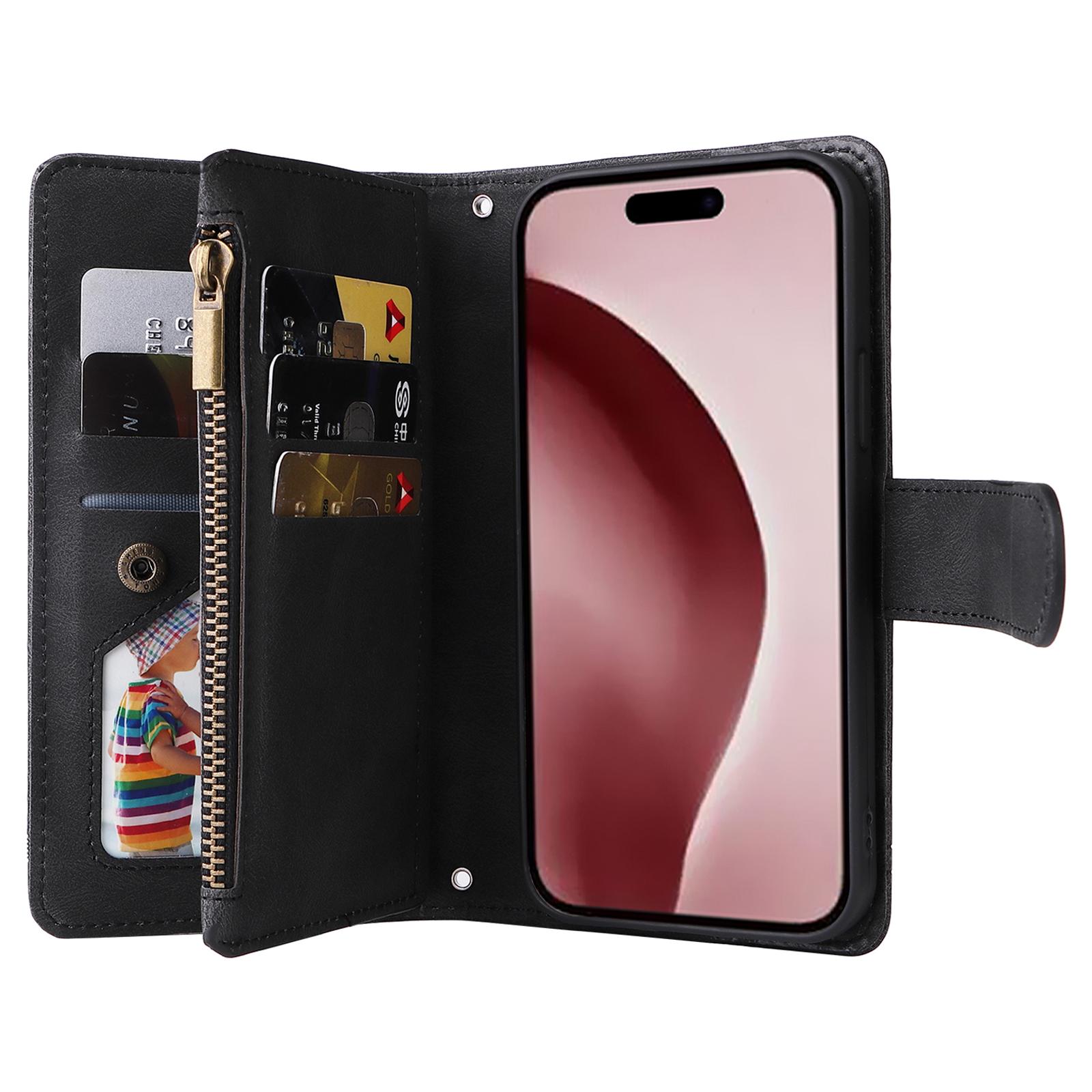 

For iPhone 16 Pro Case Leather Folio Wallet Phone Cover with Stand Zipper Pocket Black