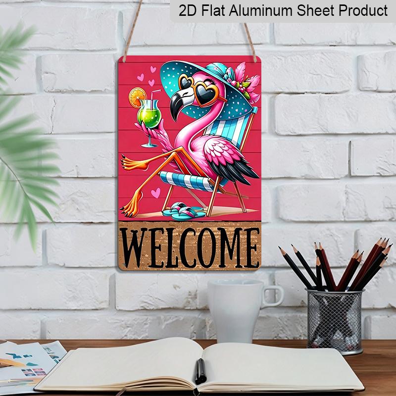 2D Country Modern English Aluminium Plaque Metal Sign, 8X12 Inch, "Welcome" Tropical Flamingo Beach Theme, Wall Decor, Summer Art for Home, Porch
