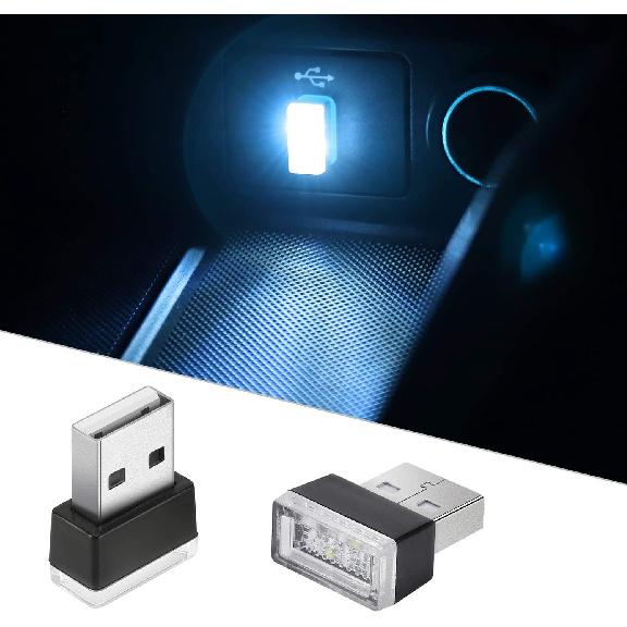 2Pcs USB LED Atmosphere Lights Mini Car Interior Accessories Ambient Lamp, Mini USB LED Decoration Night Light for All Car Interiors (ice Blue)