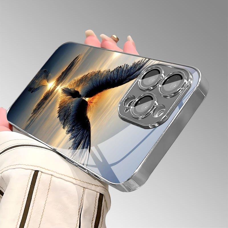 Underwater Wing Pattern Glass Electroplated Phone Case for iPhone 17/16 7/15/15 Pro Max, 14, 13, 12/12 Pro Max/11