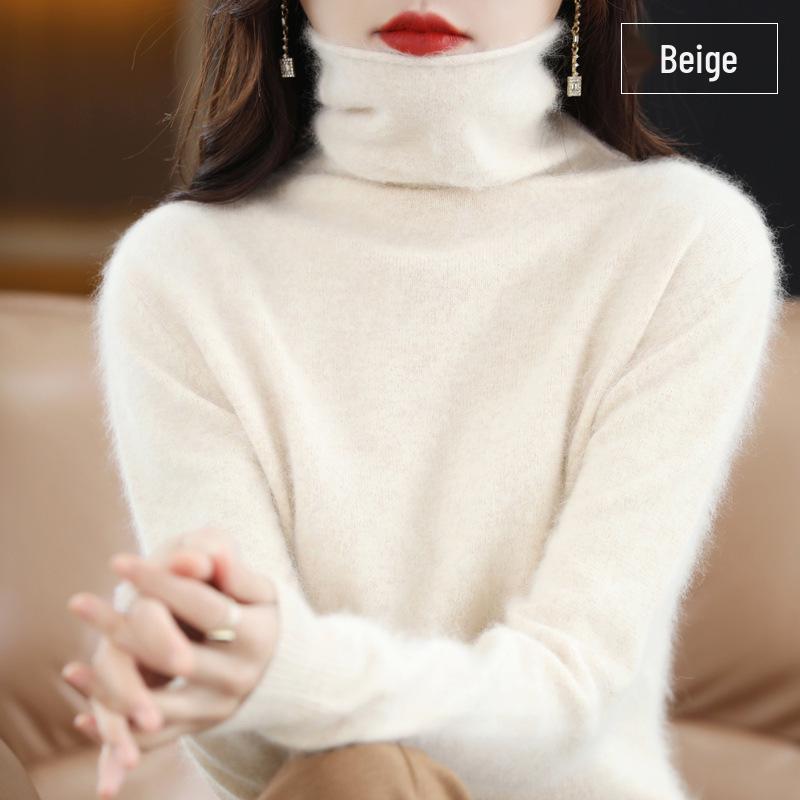 Women's Cashmere High Neck Sweater, Loose Fit, Short Mink Velvet Knit, Base Layer Wool Pullover for Autumn and Winter.