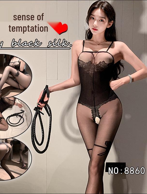 Drunk Cellar Sexy Fishnet Lingerie: European & American Style Hollow Out Bandeau with Removable Open Crotch Bodysuit Set.