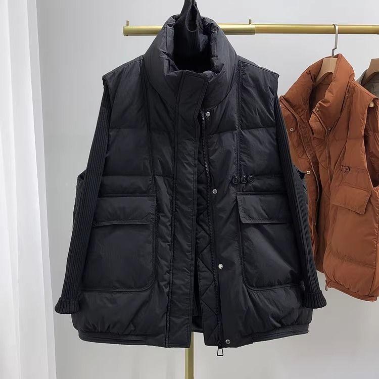 

Пуховой жилет Женский Свободный Модный Однотонный Стойка Воротник Простой и Универсальный Осенний Жилет Куртка XXXL чёрный